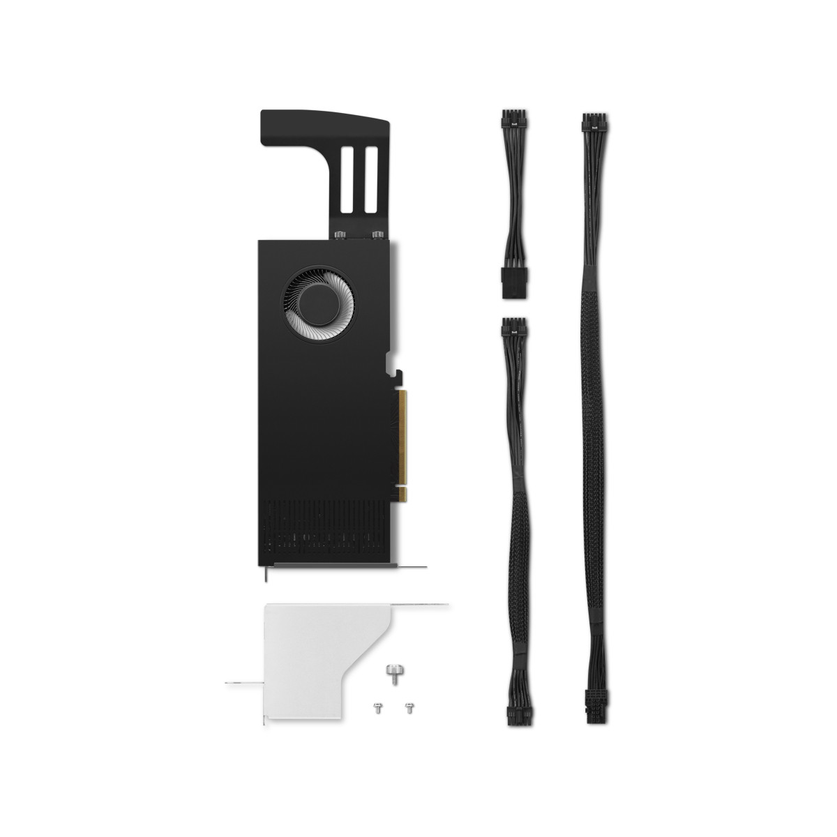 A black computer component with a fan, cables, and screws on a white background.