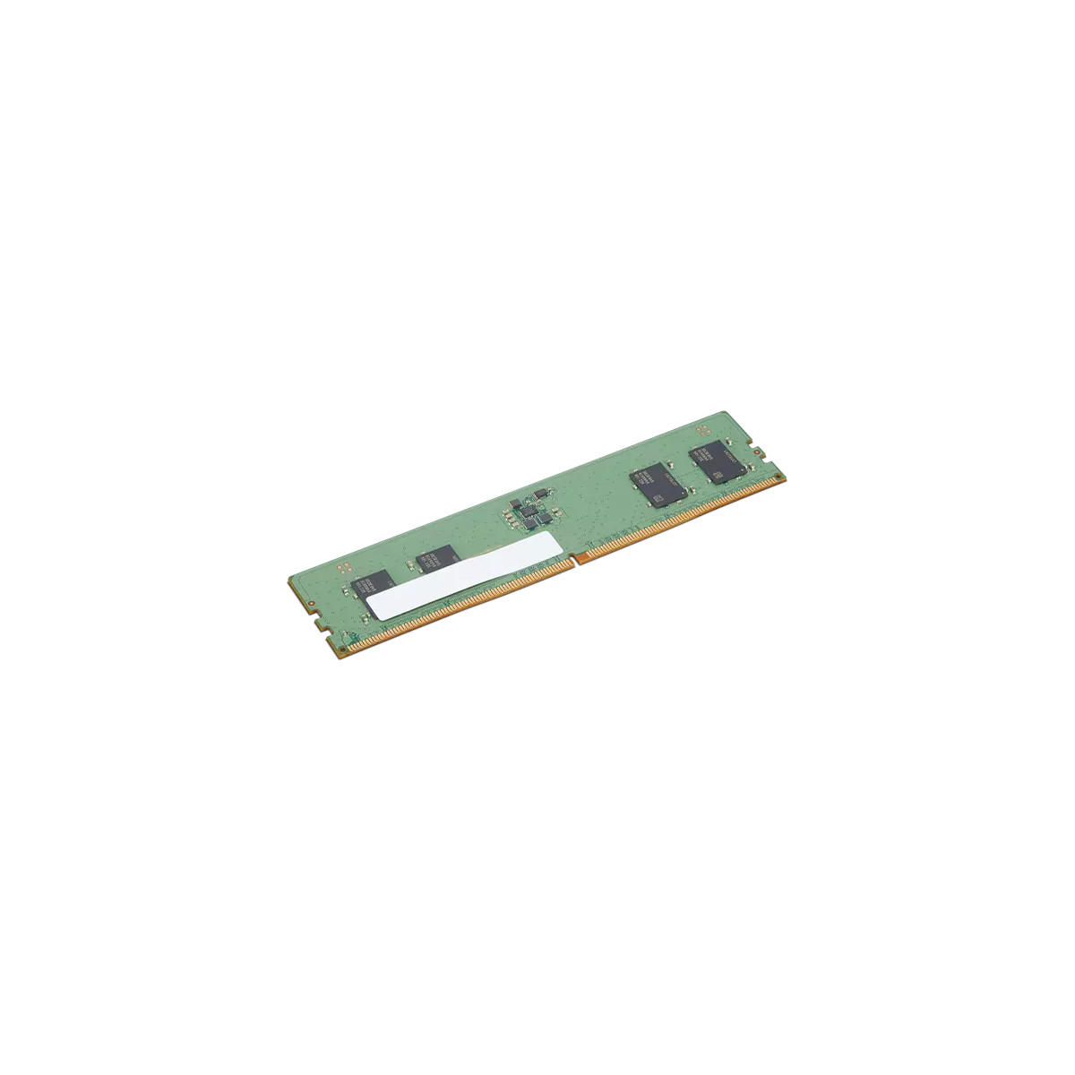 Un modulo RAM verde per computer con chip e contatti dorati su sfondo bianco.