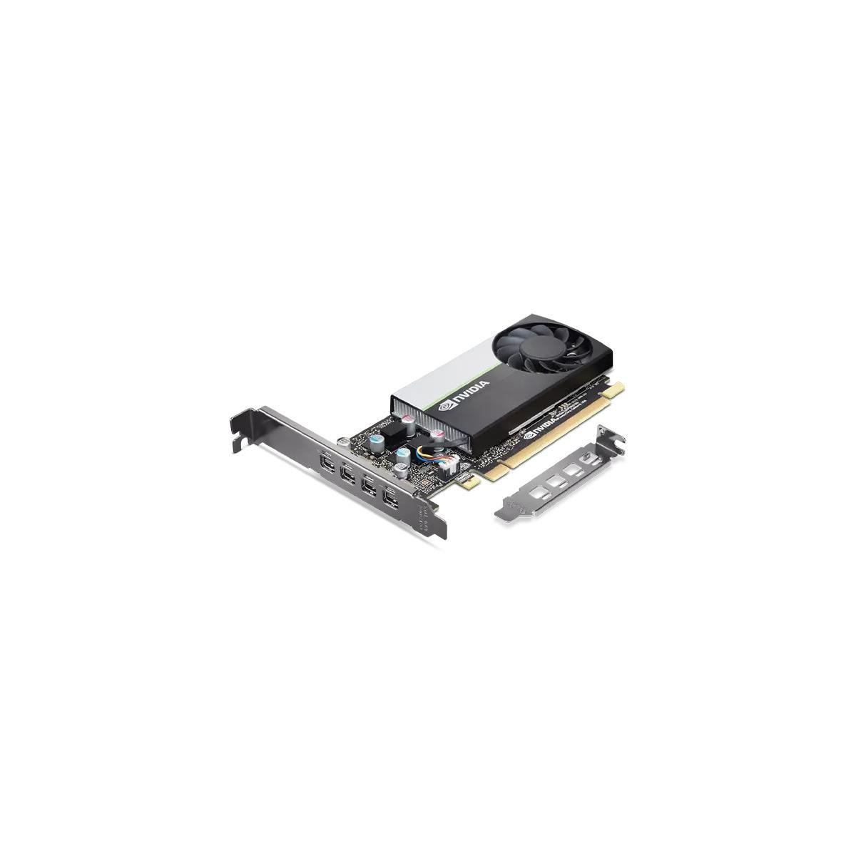 Karta graficzna NVIDIA z wentylatorem i metalowym wspornikiem na białym tle.