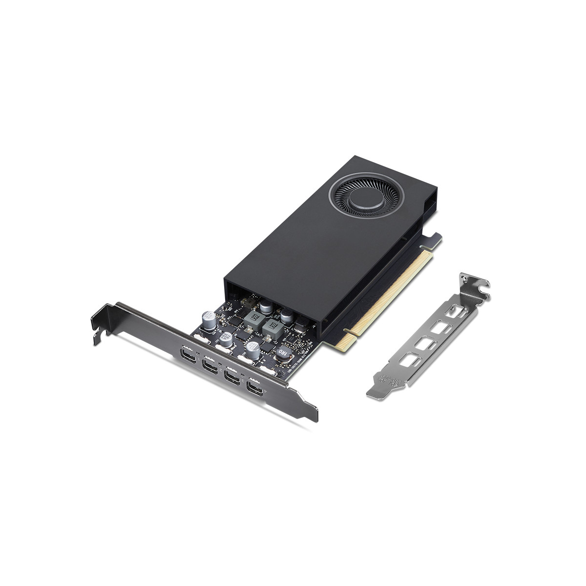 A black graphics accelerator card with a fan and ports.