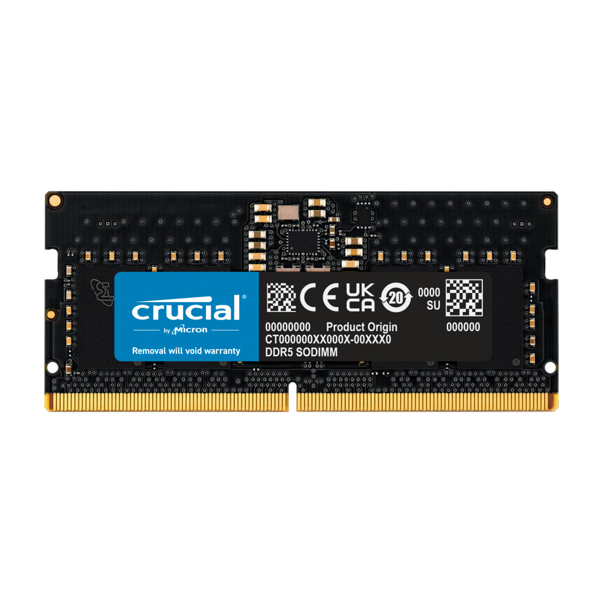 Crucial DDR5 SODIMM RAM-module met 'Crucial by Micron'-logo, CE UKCA-keurmerken en productdetails.