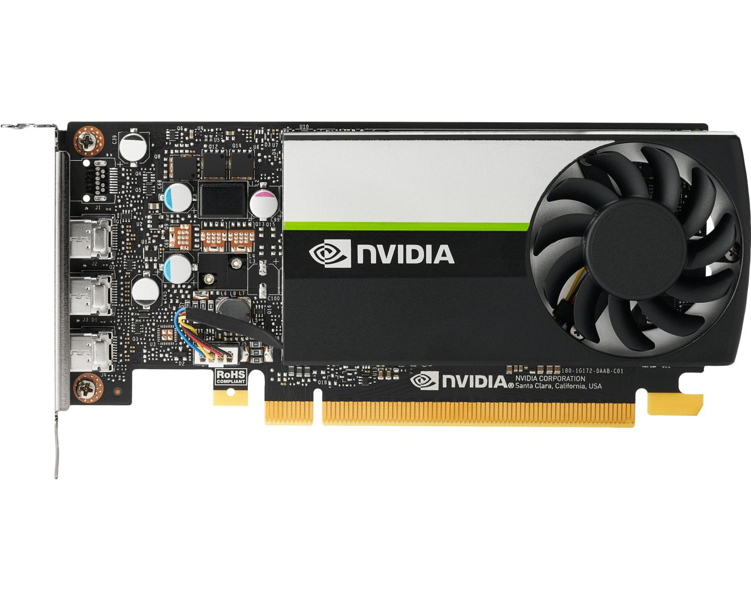 Una scheda grafica Nvidia con ventola, porte e circuito stampato.