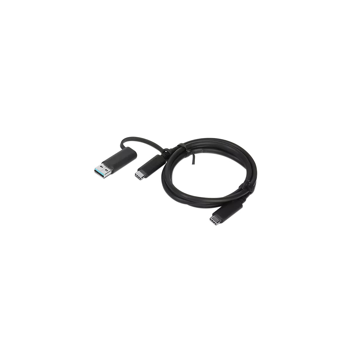 Black USB-C to USB-A cable coiled on a white background.