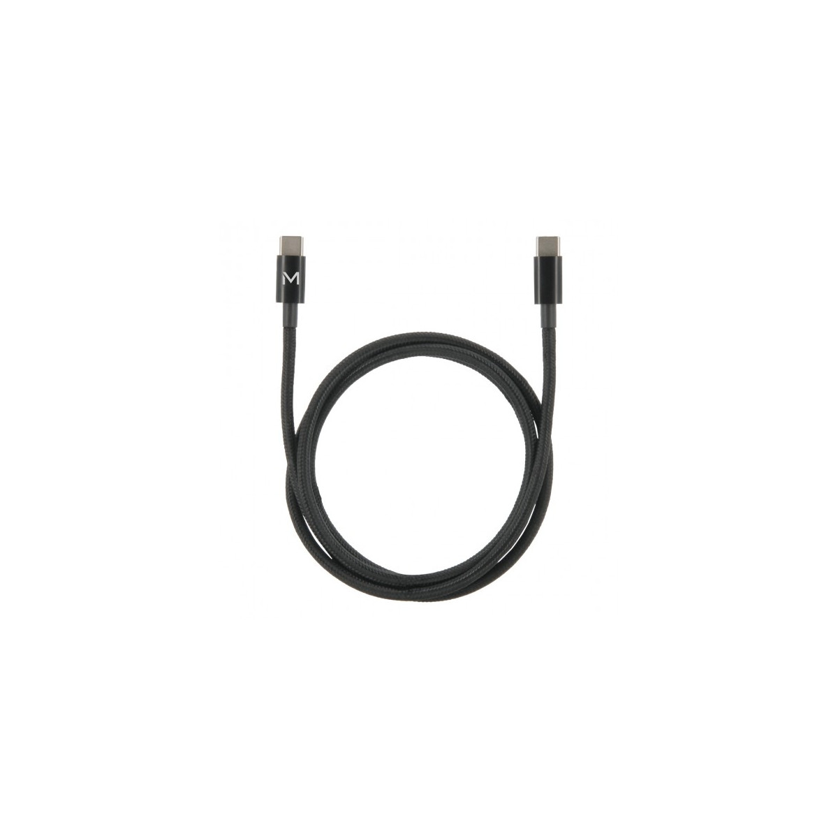 Ein schwarzes USB-C-Kabel mit einem M-Symbol auf einem Stecker.