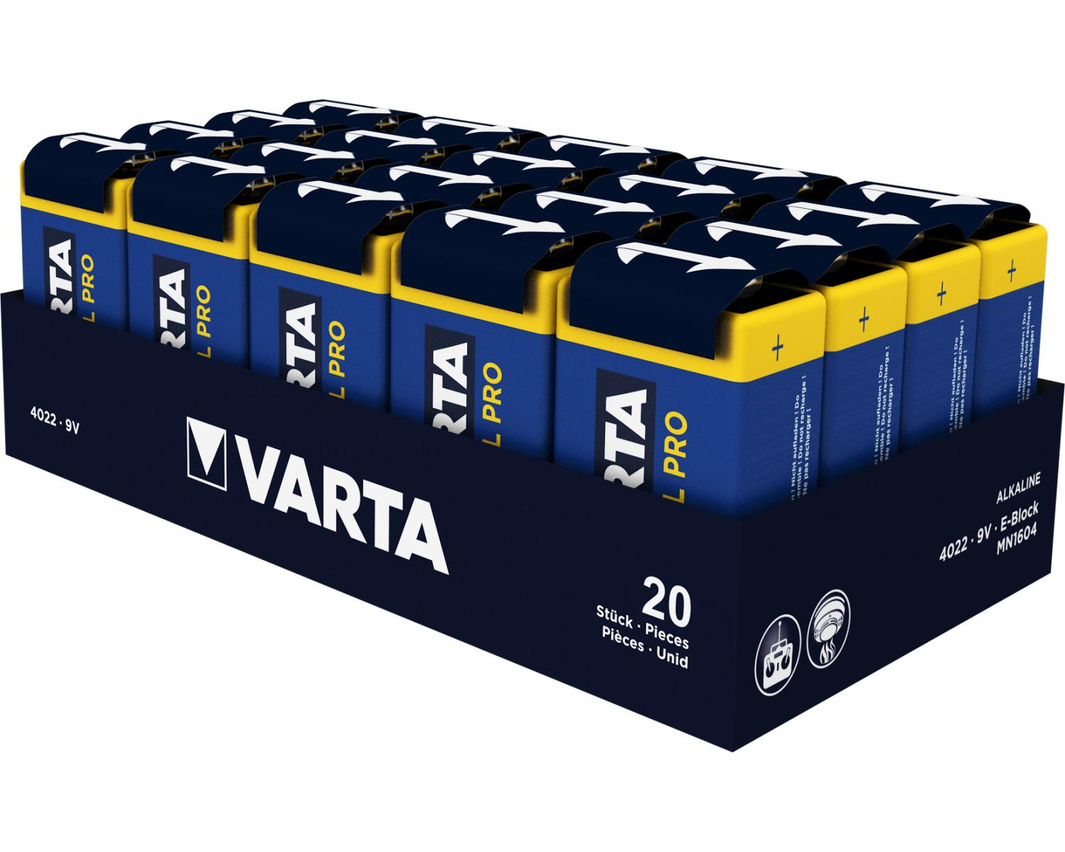 Una scatola di 20 pile alcaline Varta da 9V, modello 4022-9V.