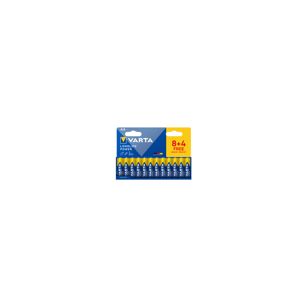 Varta AA batterijen in een 8+4 verpakking, blauw en geel.
