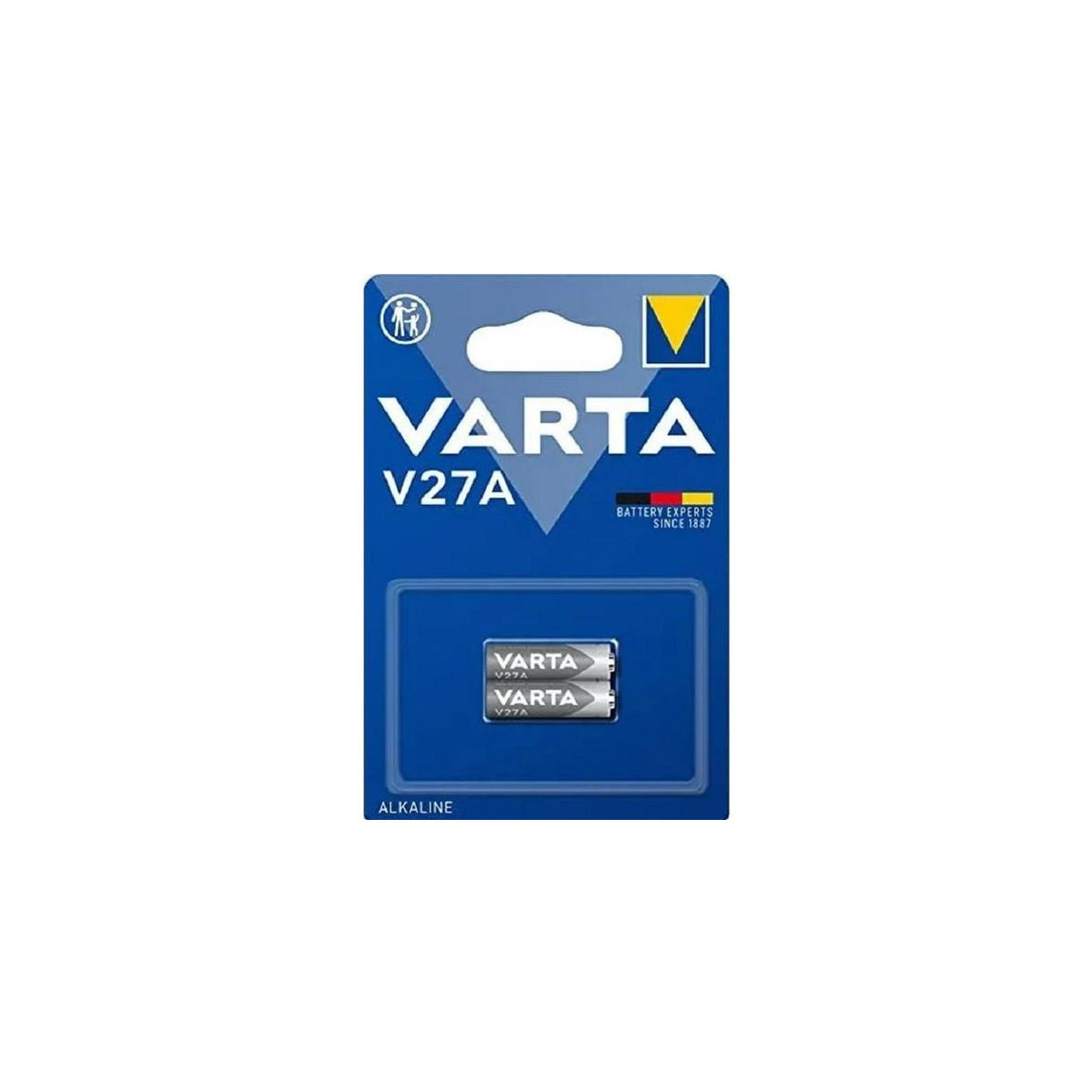 Zwei Varta V27A Alkaline-Batterien in Blisterverpackung mit blauem Hintergrund.