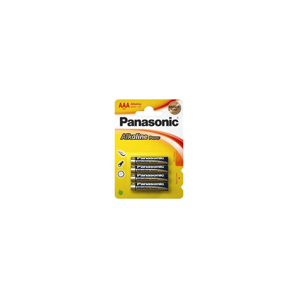 Verpakking van 4 AAA Panasonic alkaline batterijen, 1,5V.