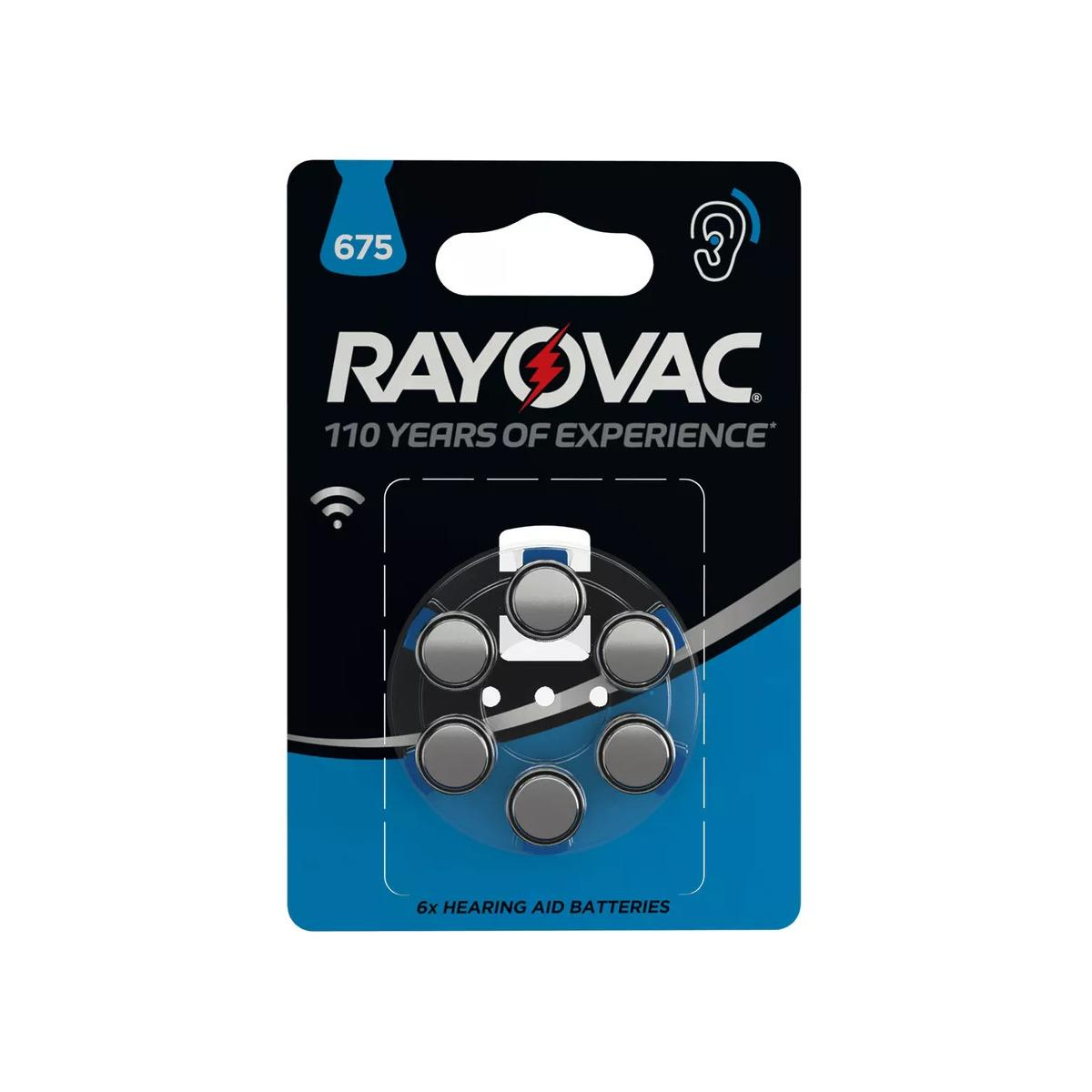 Batterie per apparecchi acustici Rayovac 675 in confezione blu con 6 batterie argentate visibili.