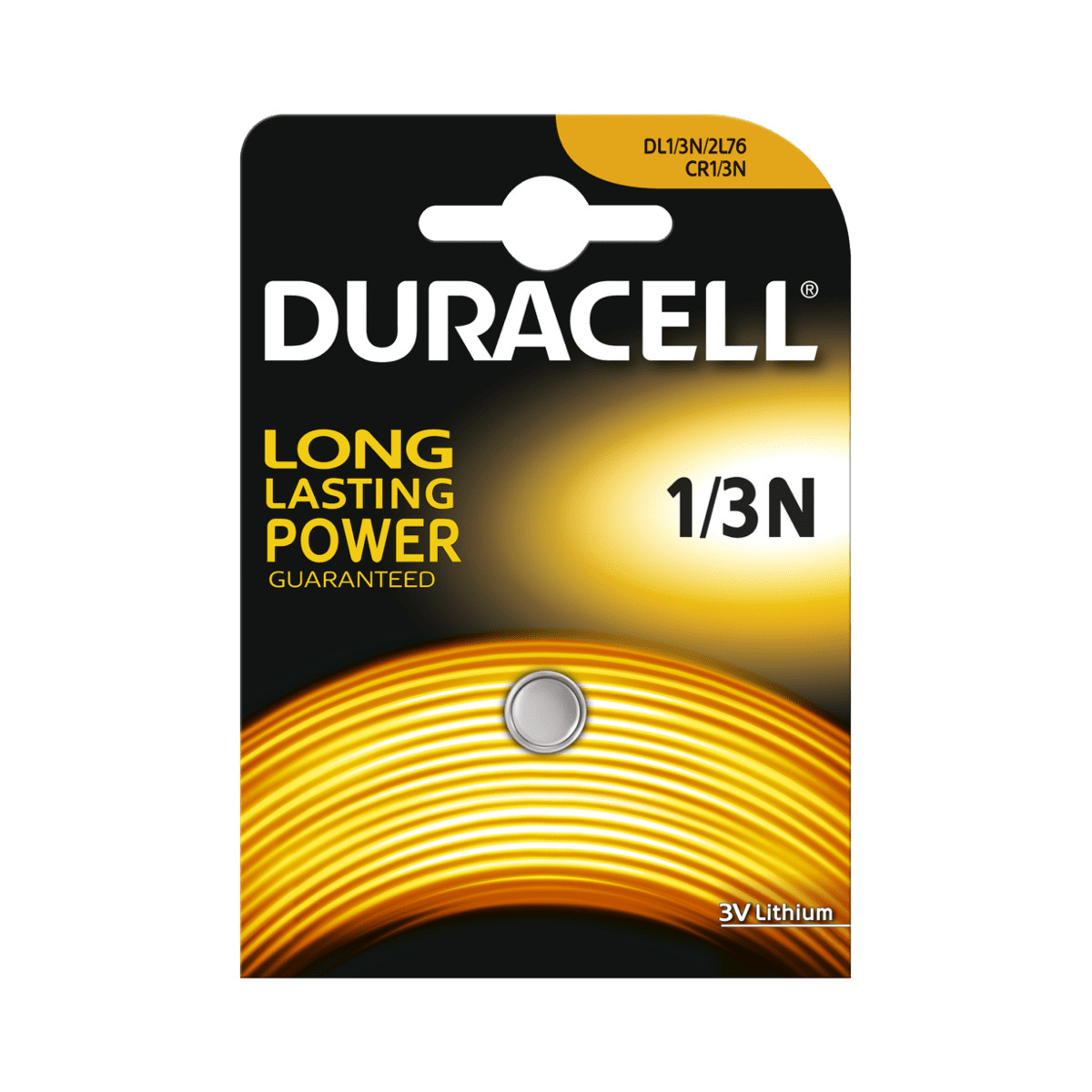 Batteria Duracell 1/3N al litio su sfondo nero con accenti gialli