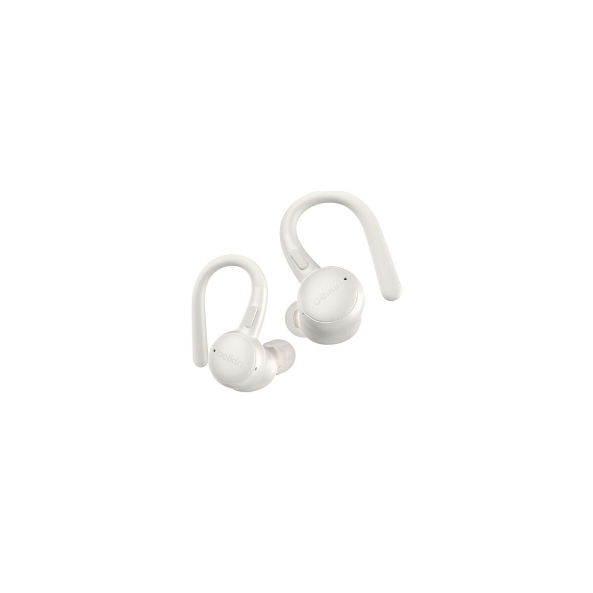 Two white wireless earbuds with ear hooks are placed on a white background.