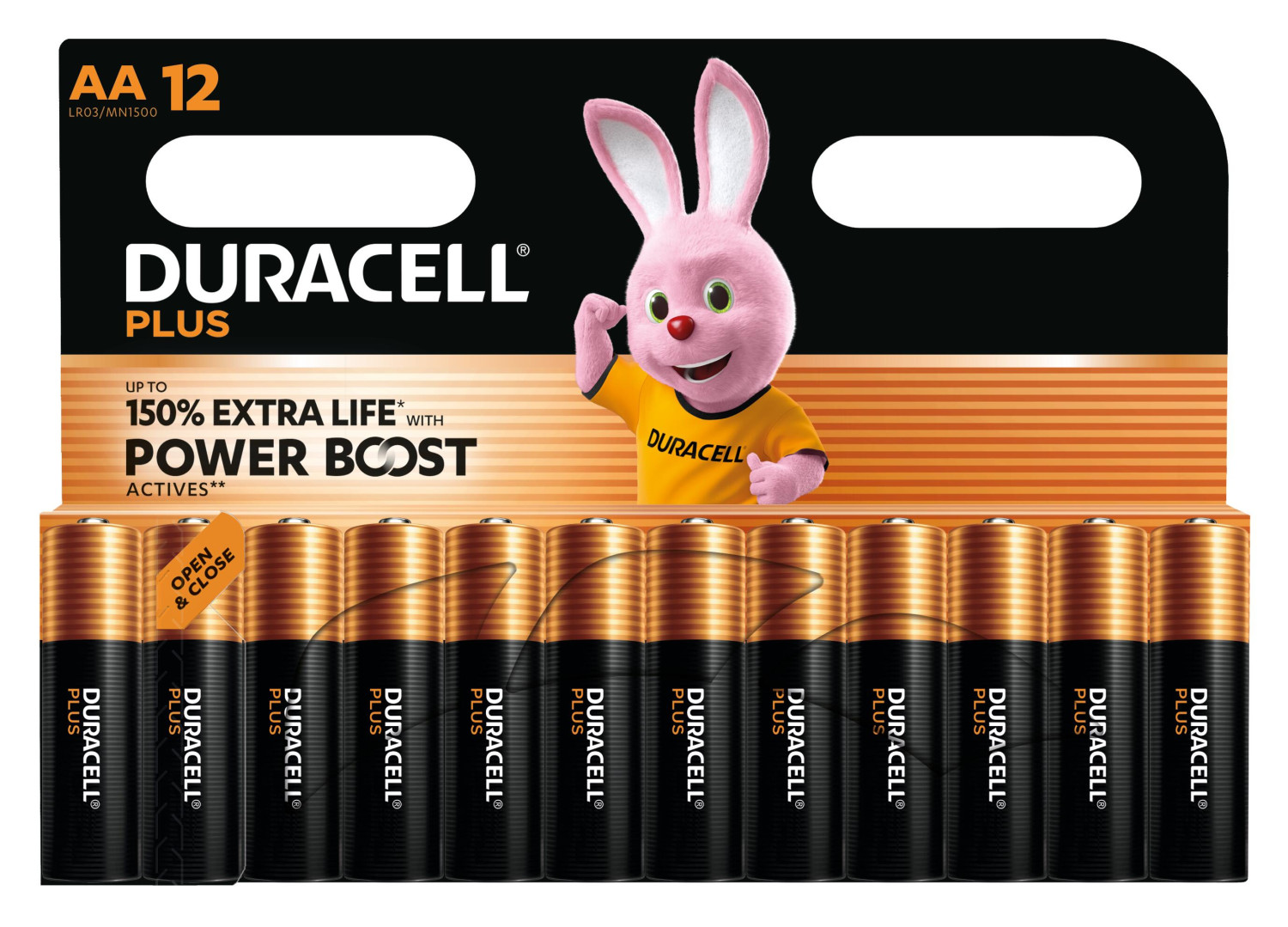 Opakowanie 12 baterii AA Duracell z różowym królikiem-maskotką.