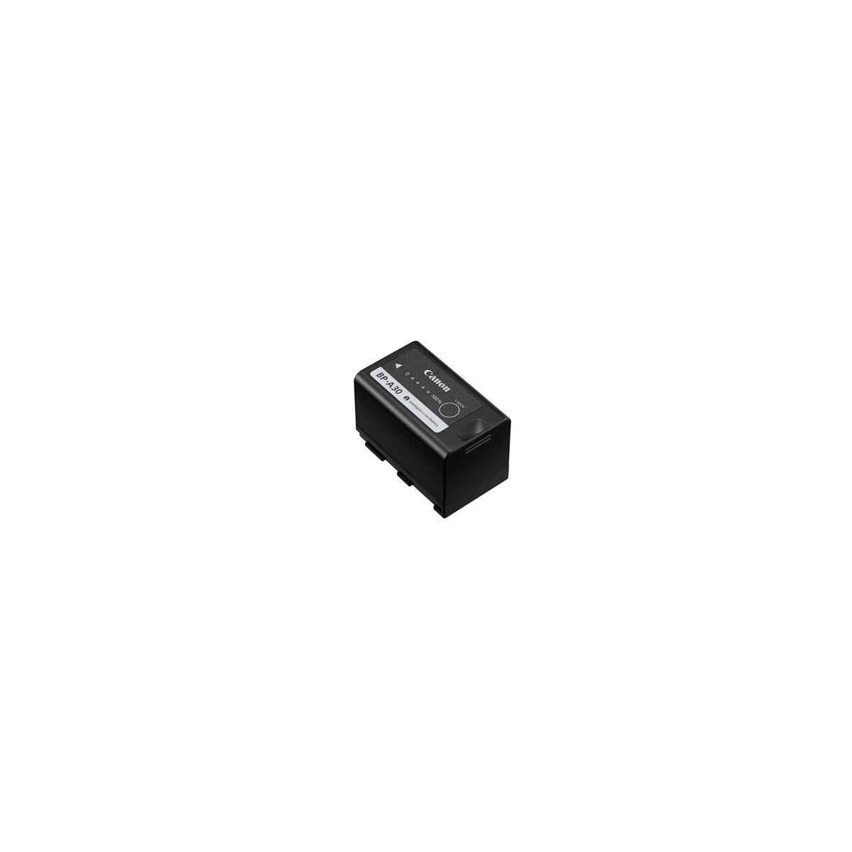 Batteria Canon BP-A30 nera con indicatore di carica ed etichetta.