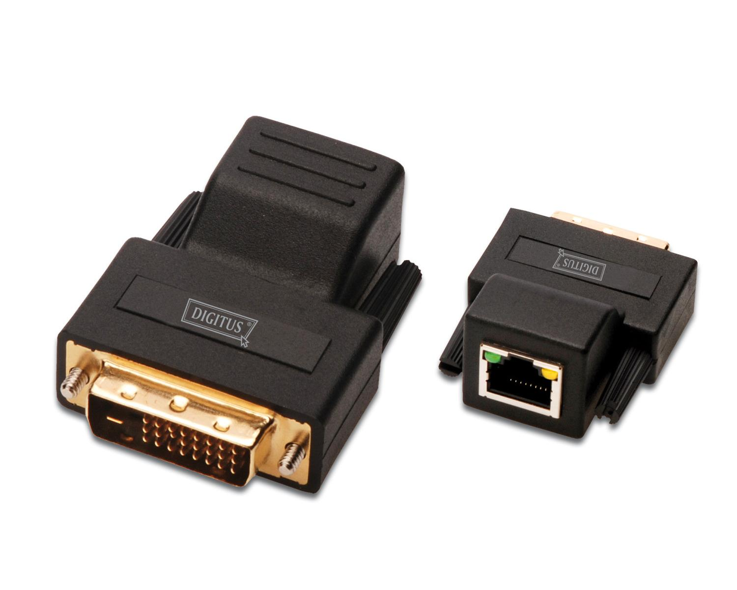 Zwei schwarze Adapter: DVI zu SCART, SCART zu Ethernet. Marke DigitUS.
