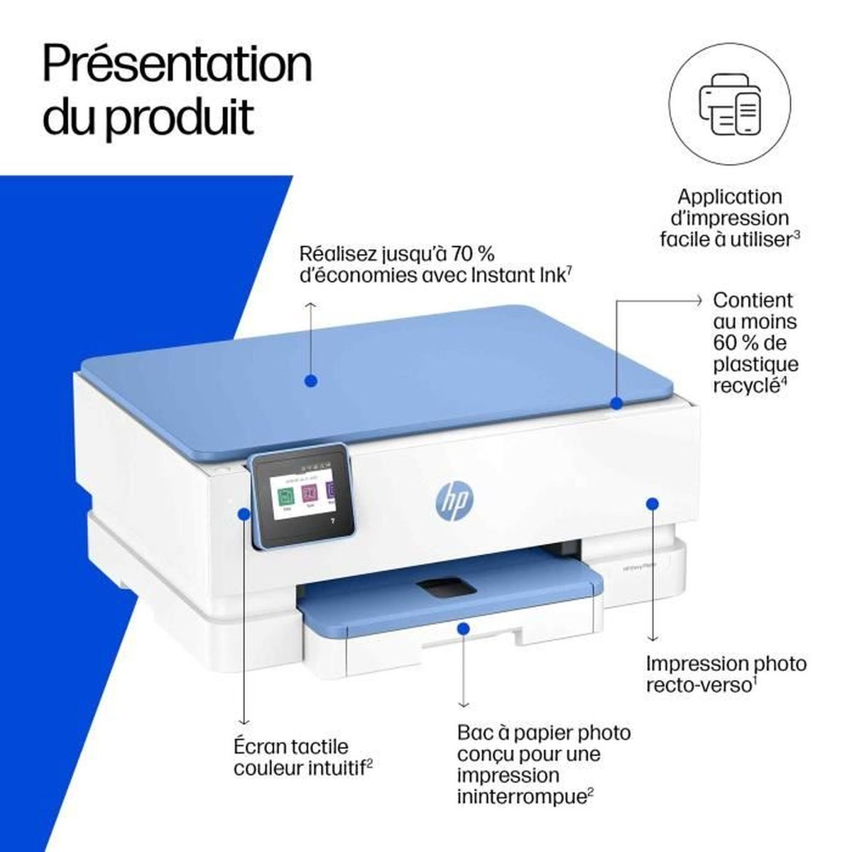 Stampante HP bianca e blu con touchscreen, vassoio carta e logo HP.
