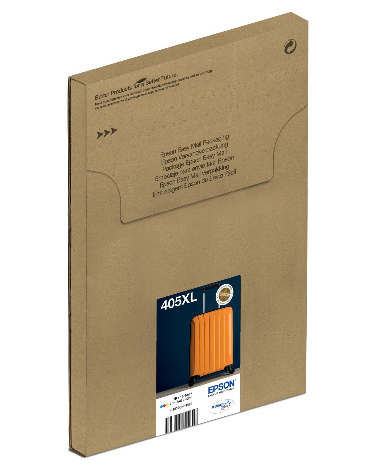 Confezione d'inchiostro Epson 405XL con una valigia arancione raffigurata sulla scatola.