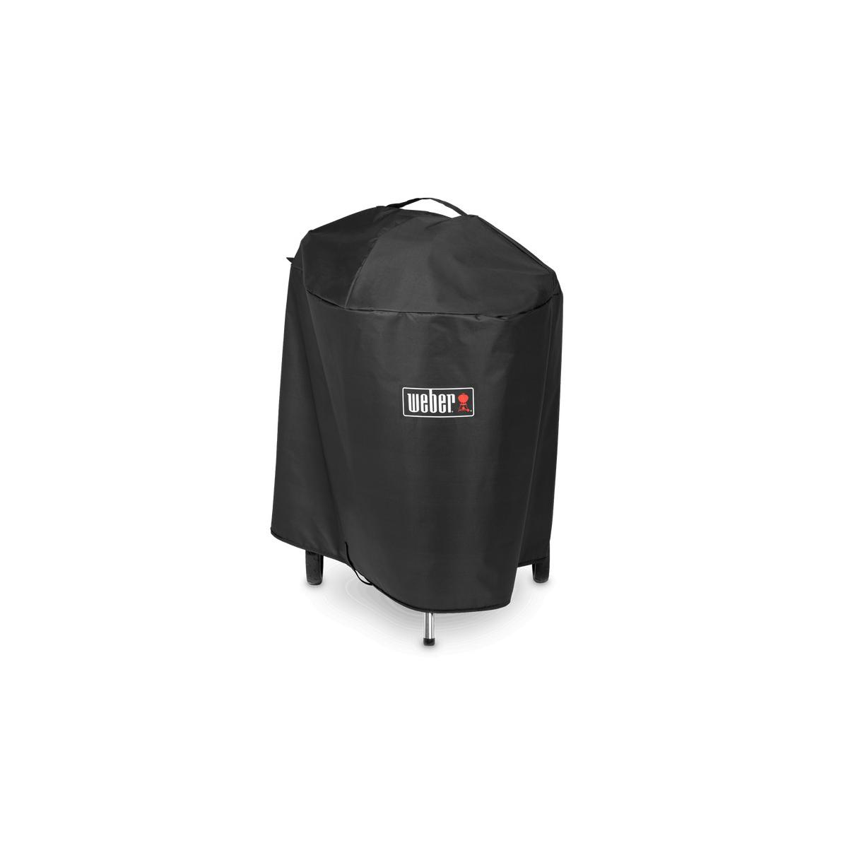 Funda negra para parrilla Weber con logo, sobre fondo blanco.