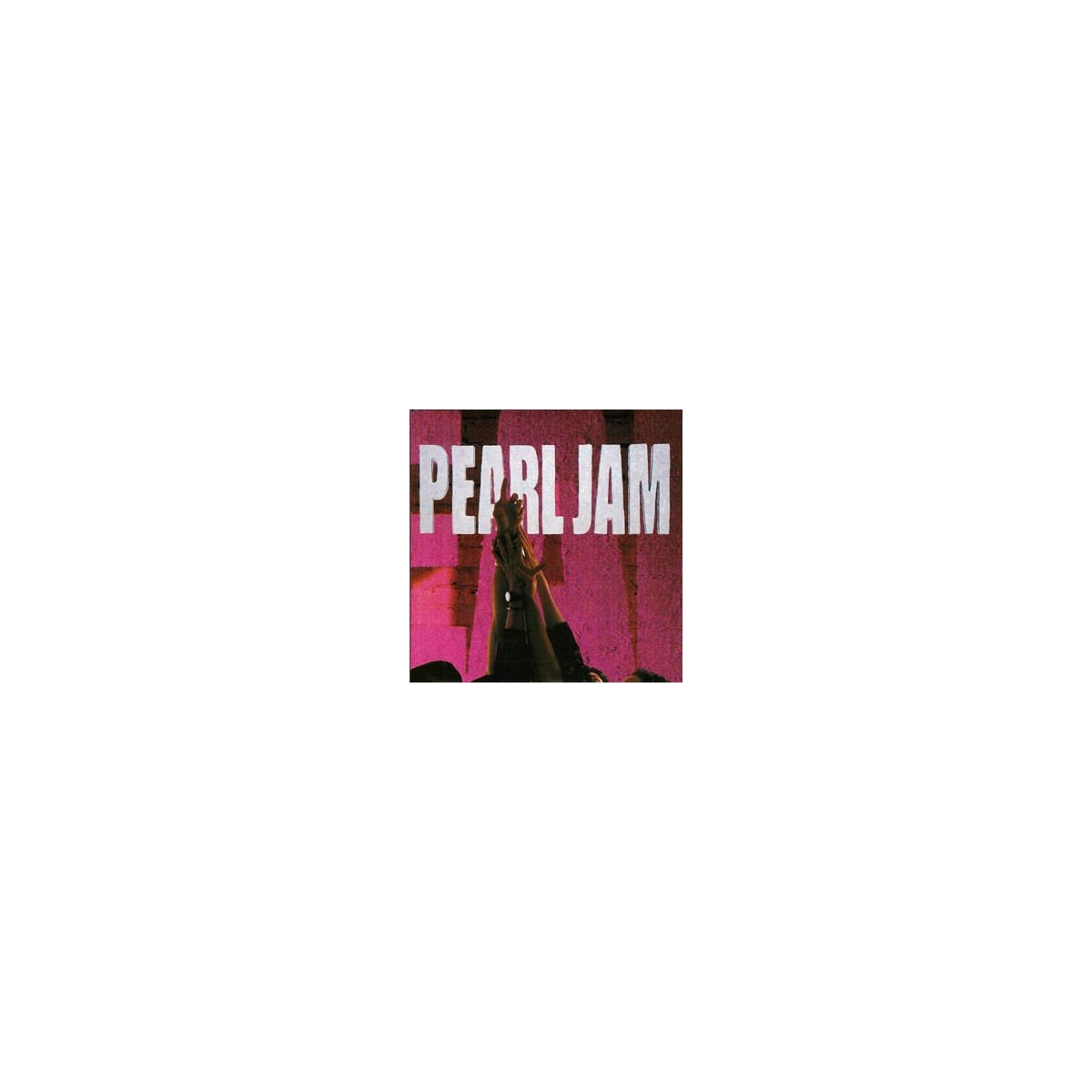 Pearl Jam logo above a crowd with raised hands at a concert.