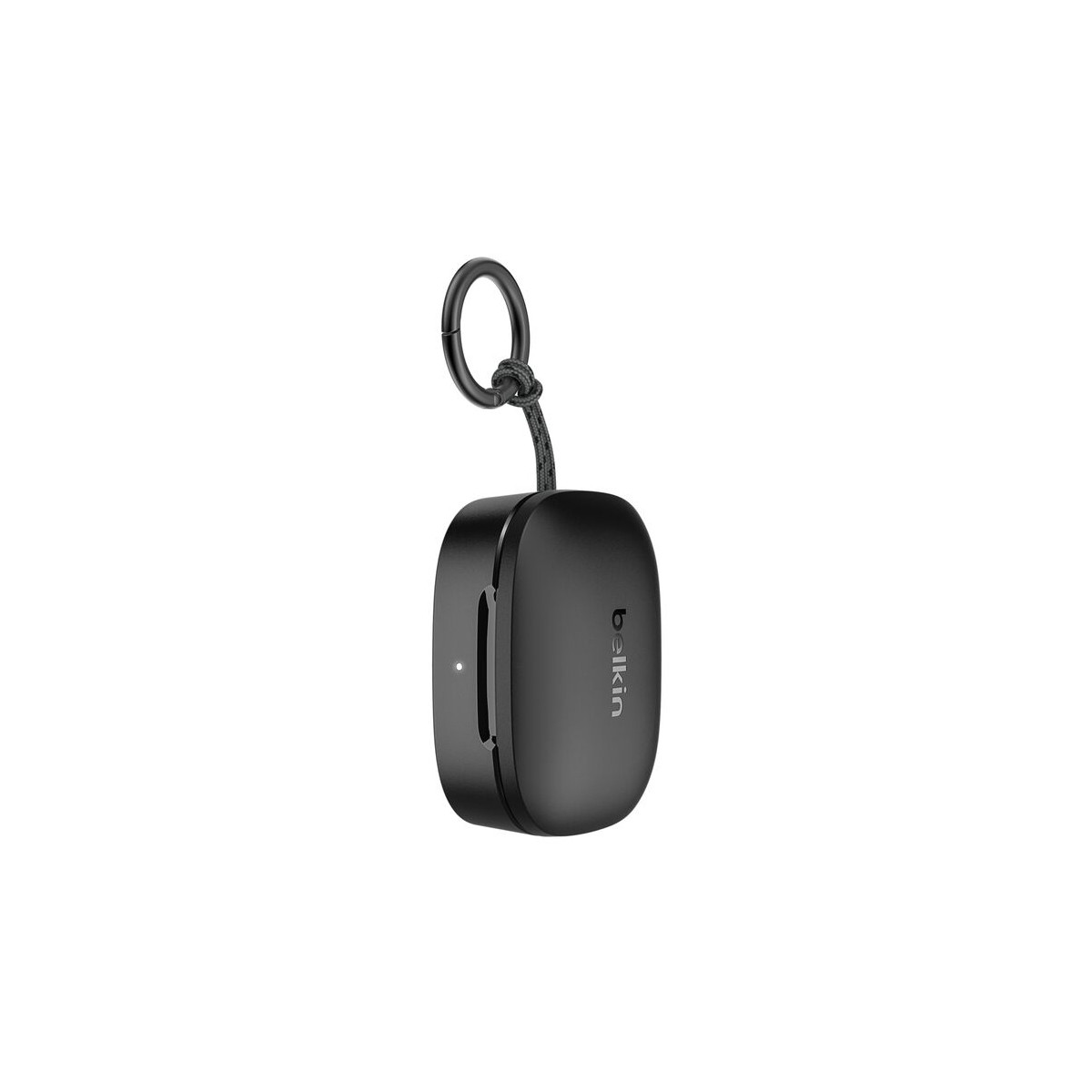 Boîtier de chargement noir ovale pour écouteurs sans fil avec attache porte-clés.