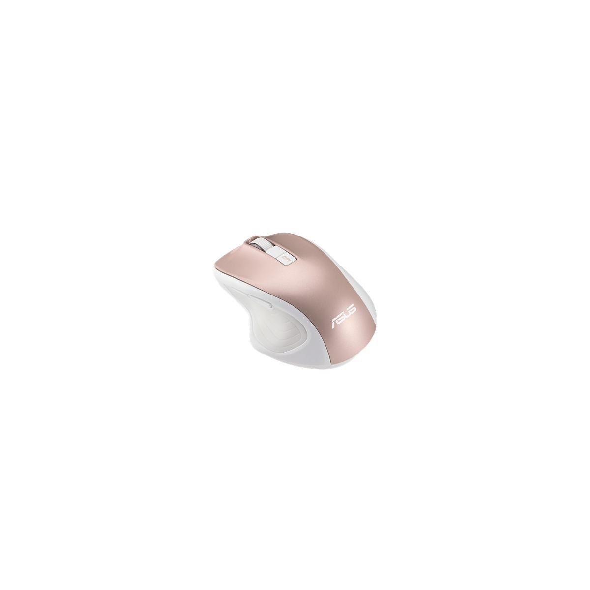 Eine roségoldene und weiße ASUS-Computermouse liegt auf weißem Hintergrund.