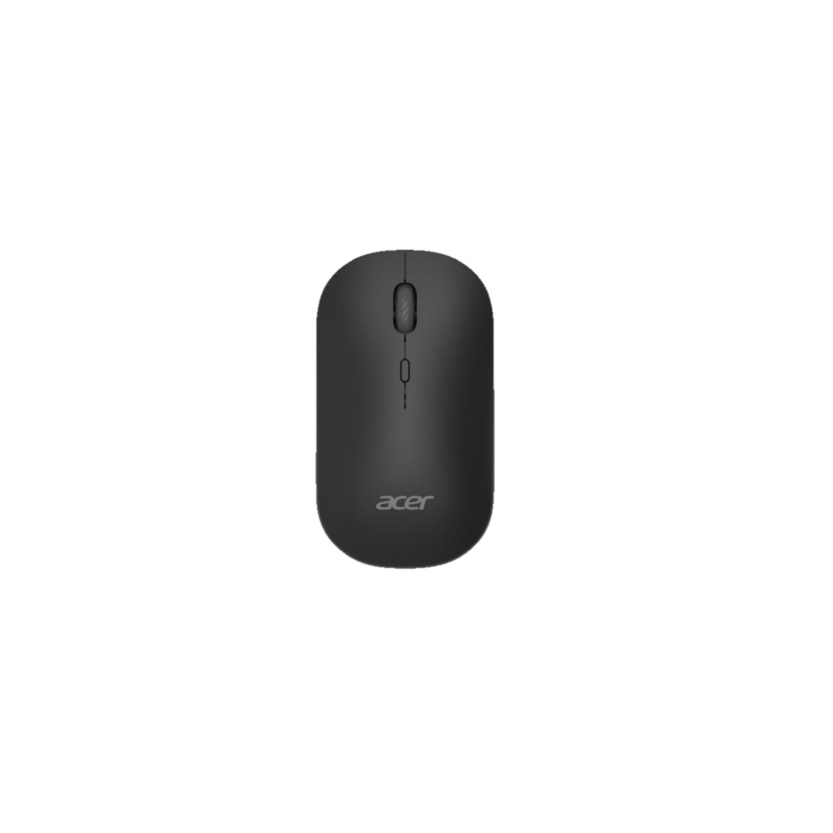 Un mouse Acer nero con rotellina di scorrimento e logo Acer visibile.