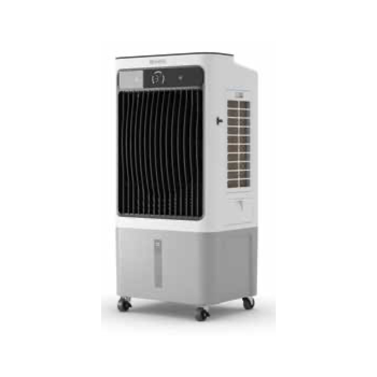 Un refrigeratore d'aria bianco e grigio con ruote e griglia di ventilazione nera.