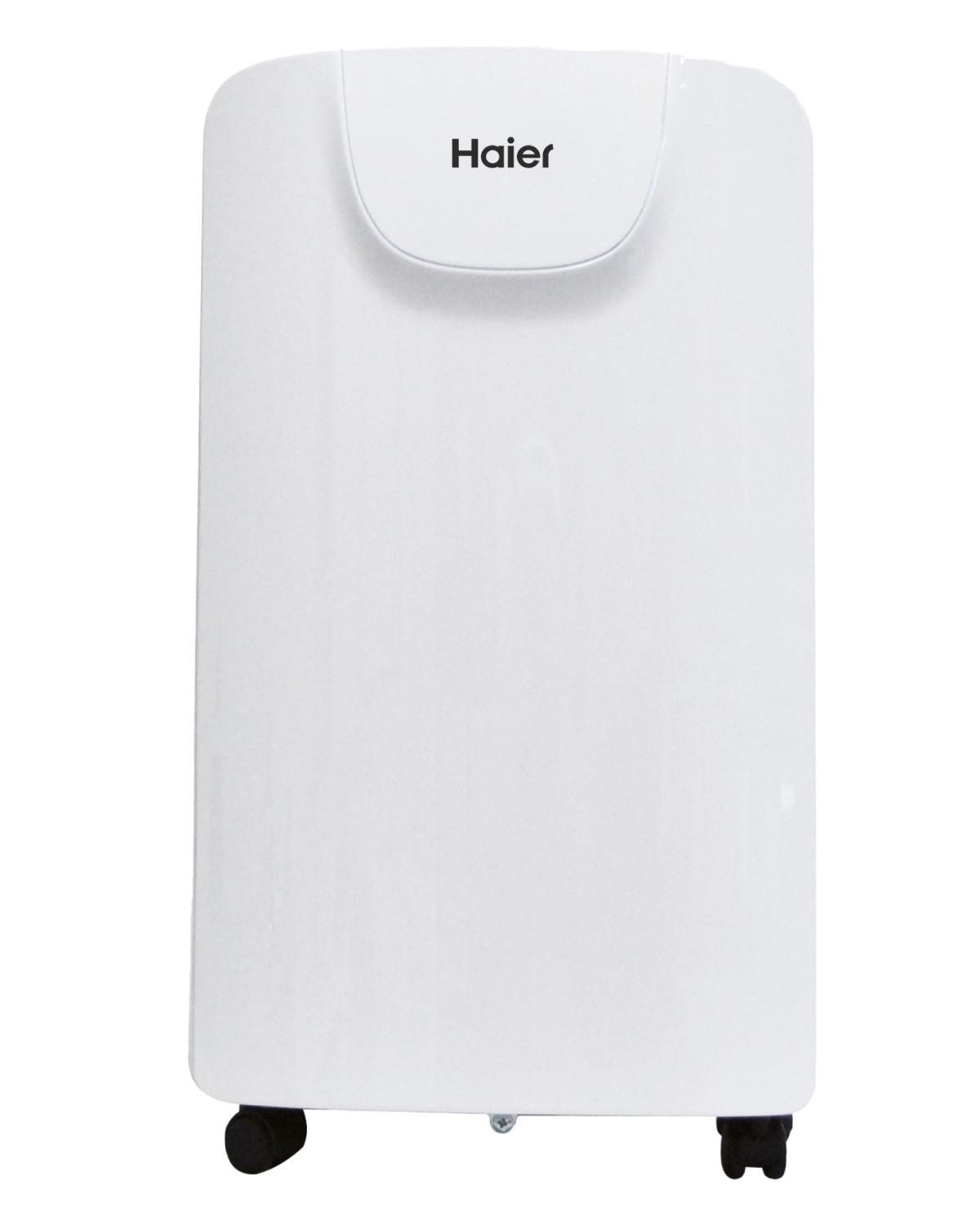 Un deumidificatore Haier bianco con ruote in basso.
