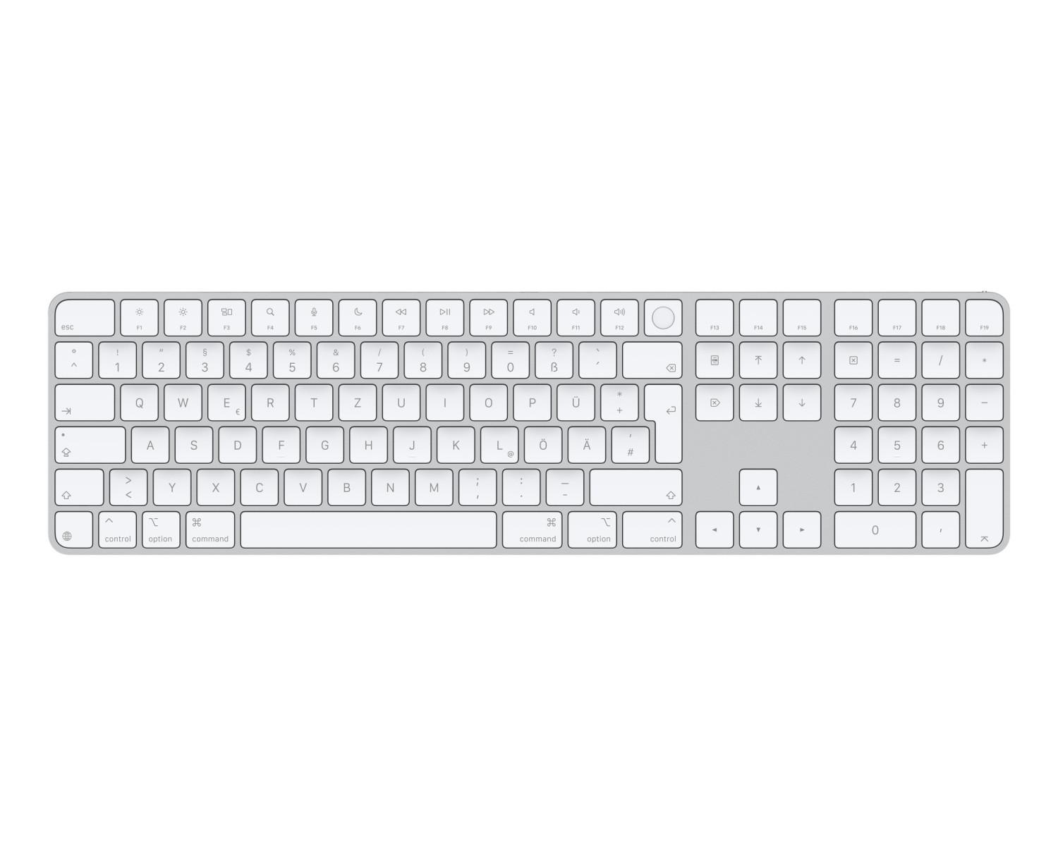 Una tastiera Apple Magic Keyboard argentata con tastierino numerico su sfondo bianco.
