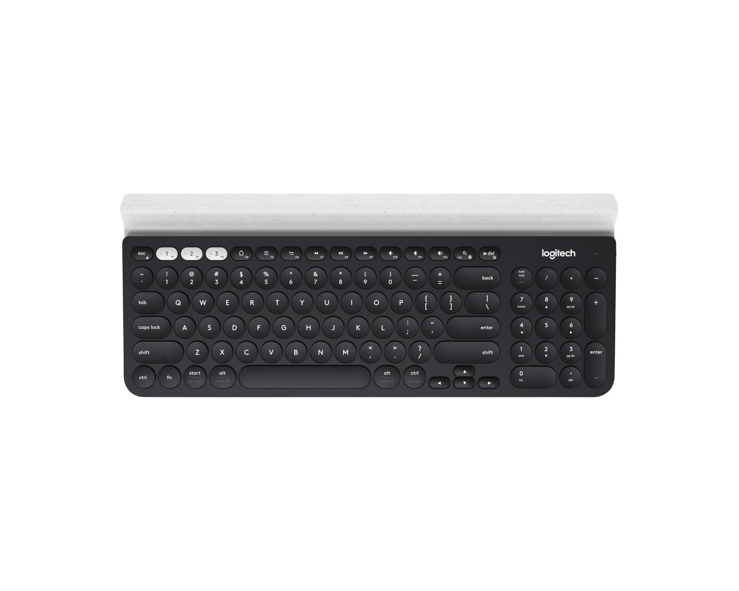 Eine schwarze Logitech-Tastatur mit weißem Oberteil, drahtlos und kompakt.