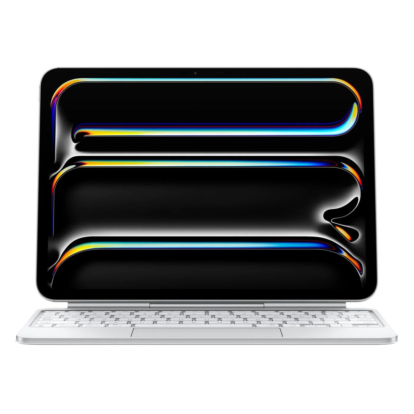 Un tablet argentato con tastiera e schermo scuro con effetti di luce colorati.
