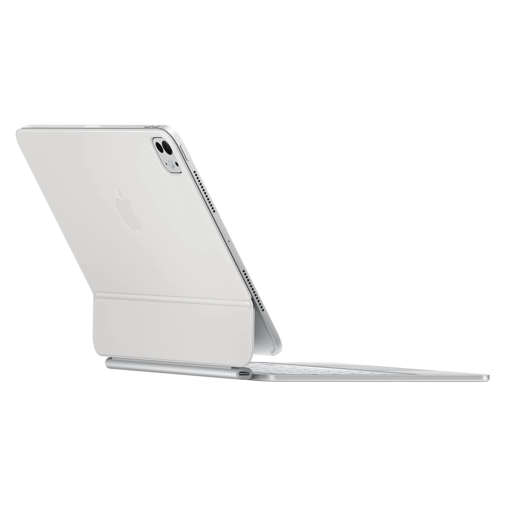 Un iPad bianco con tastiera, su sfondo bianco.