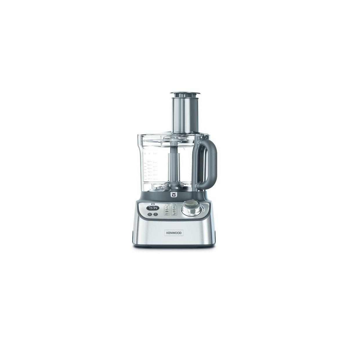 Gümüş Kenwood mutfak robotu, şeffaf hazne ve saplı.