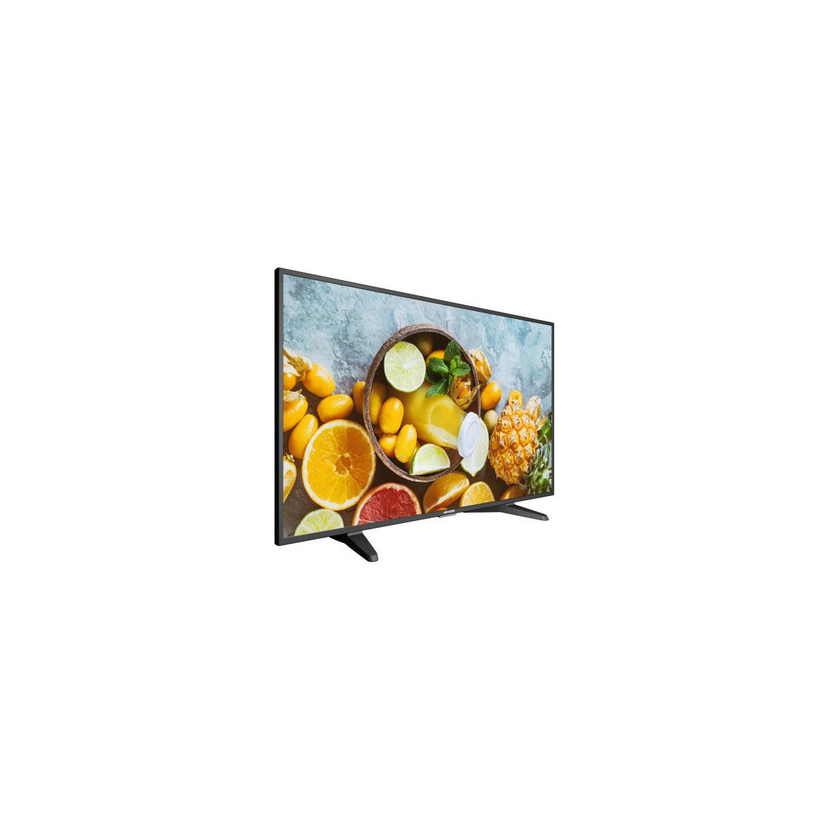 Una TV a schermo piatto mostra un vibrante assortimento di frutta fresca e succhi.