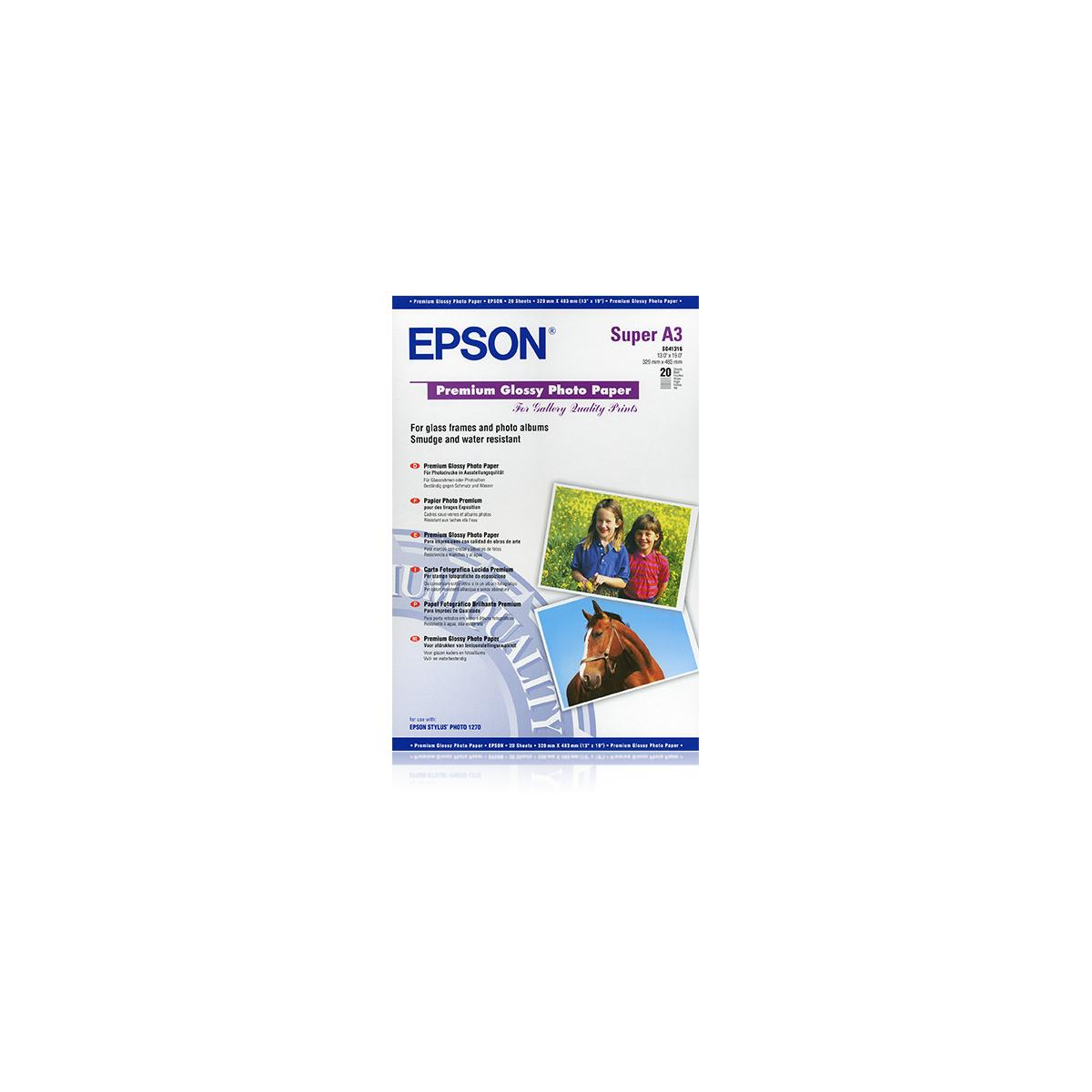 Paquet de Papier Photo Brillant Premium Epson Super A3 avec deux enfants et un cheval.