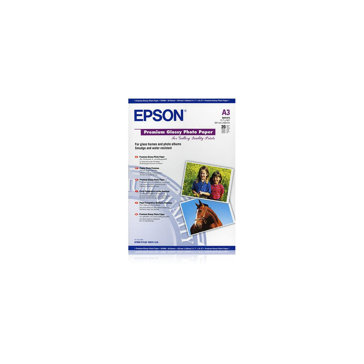 Opakowanie papieru fotograficznego Epson A3 błyszczącego z dziećmi i koniem.