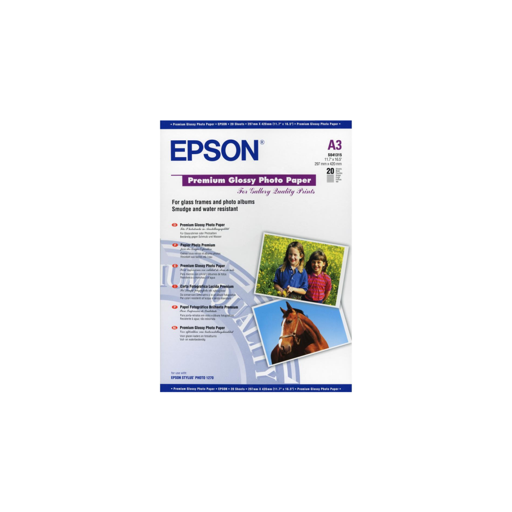 Opakowanie papieru fotograficznego Epson A3 Premium Glossy z dwoma zdjęciami: dzieci i koń.