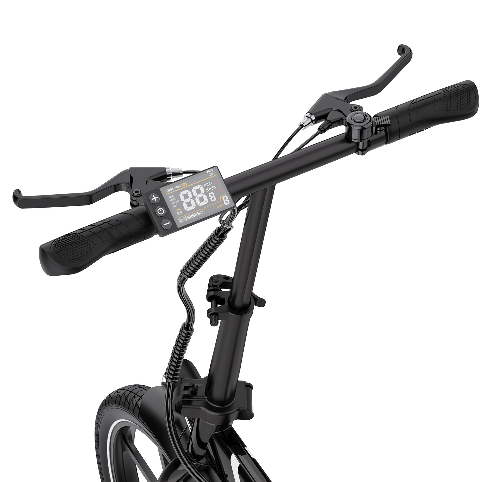 Schwarzer Lenker mit Display, Bremshebel und Griff eines E-Scooters.
