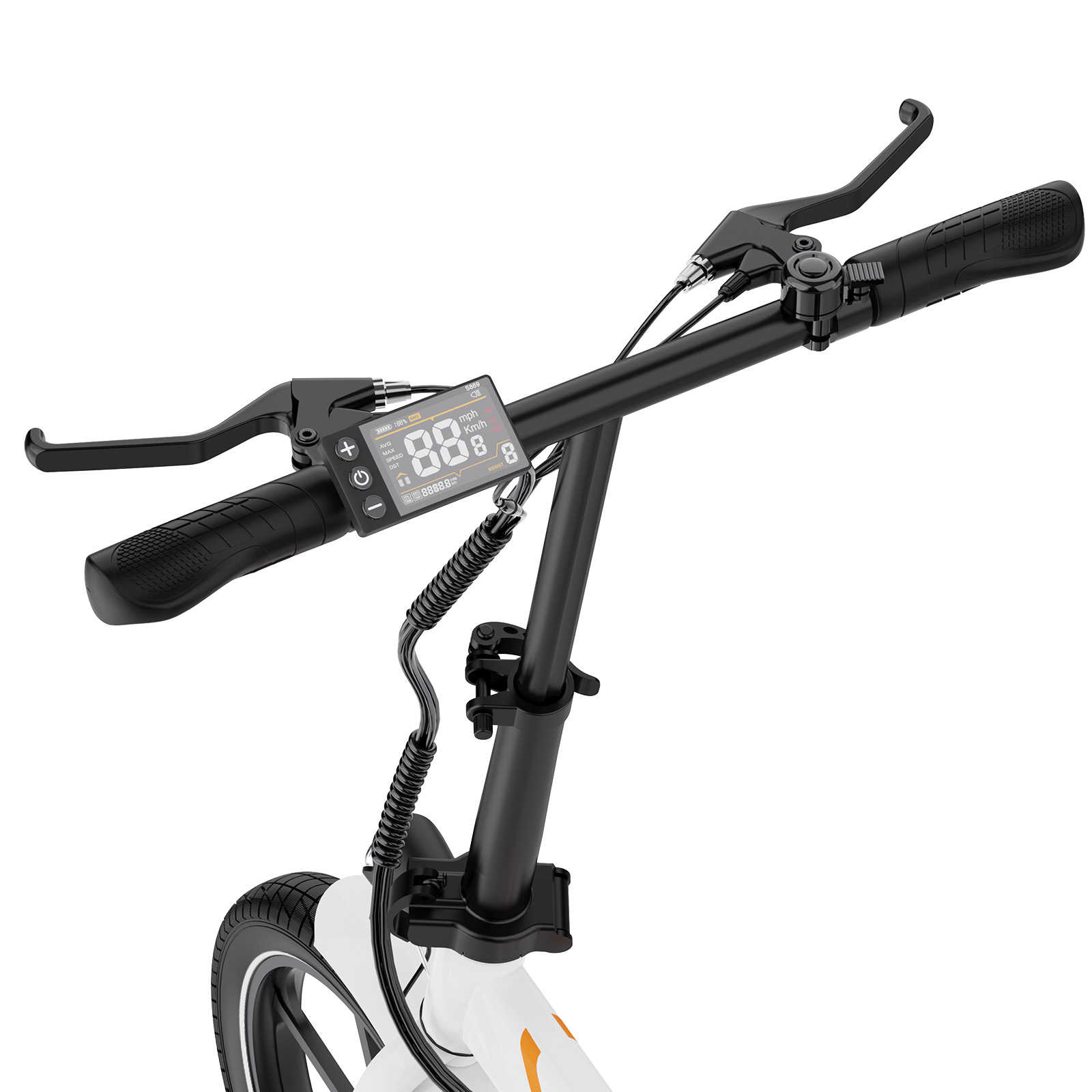 Lenker eines E-Scooters mit Display, Bremshebeln und Griffen.