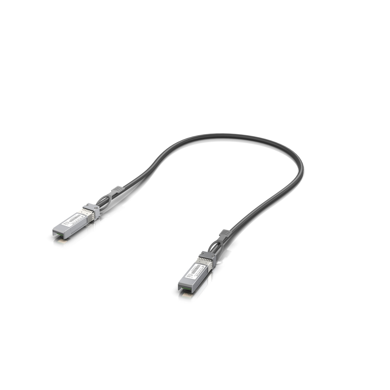 Een zwarte kabel met twee zilveren connectorbehuizingen op witte achtergrond.
