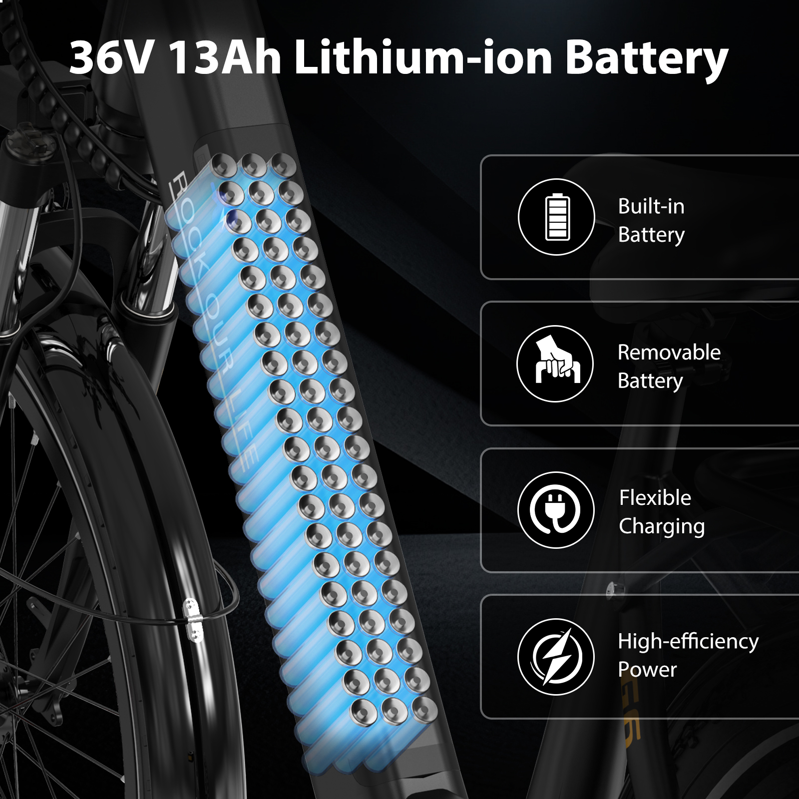 Pacco batteria agli ioni di litio da 36V 13Ah con icone per integrata, rimovibile, ricarica flessibile e potenza.