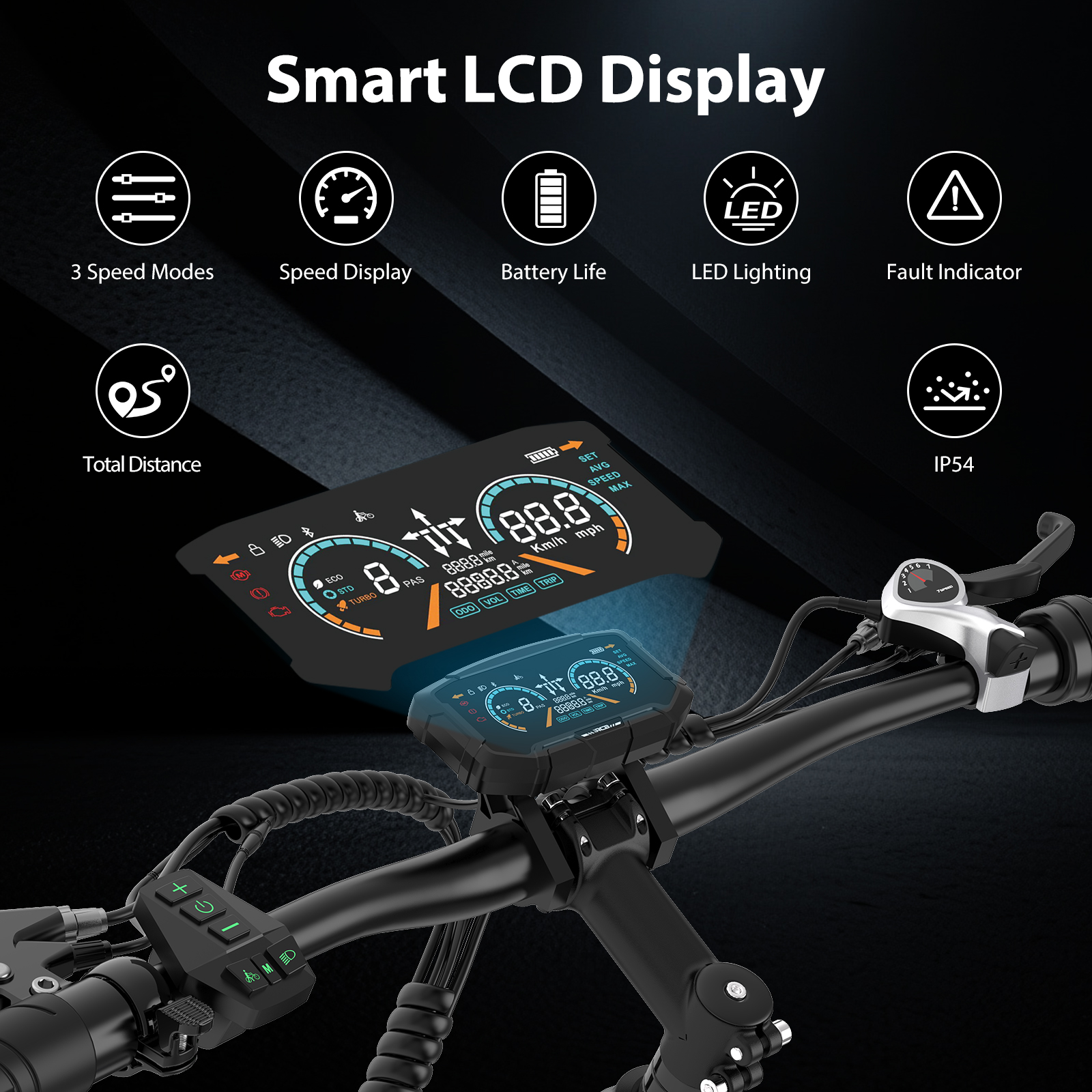 Un display LCD smart su un manubrio di bicicletta, con icone per modalità, velocità, batteria, luce e guasti.