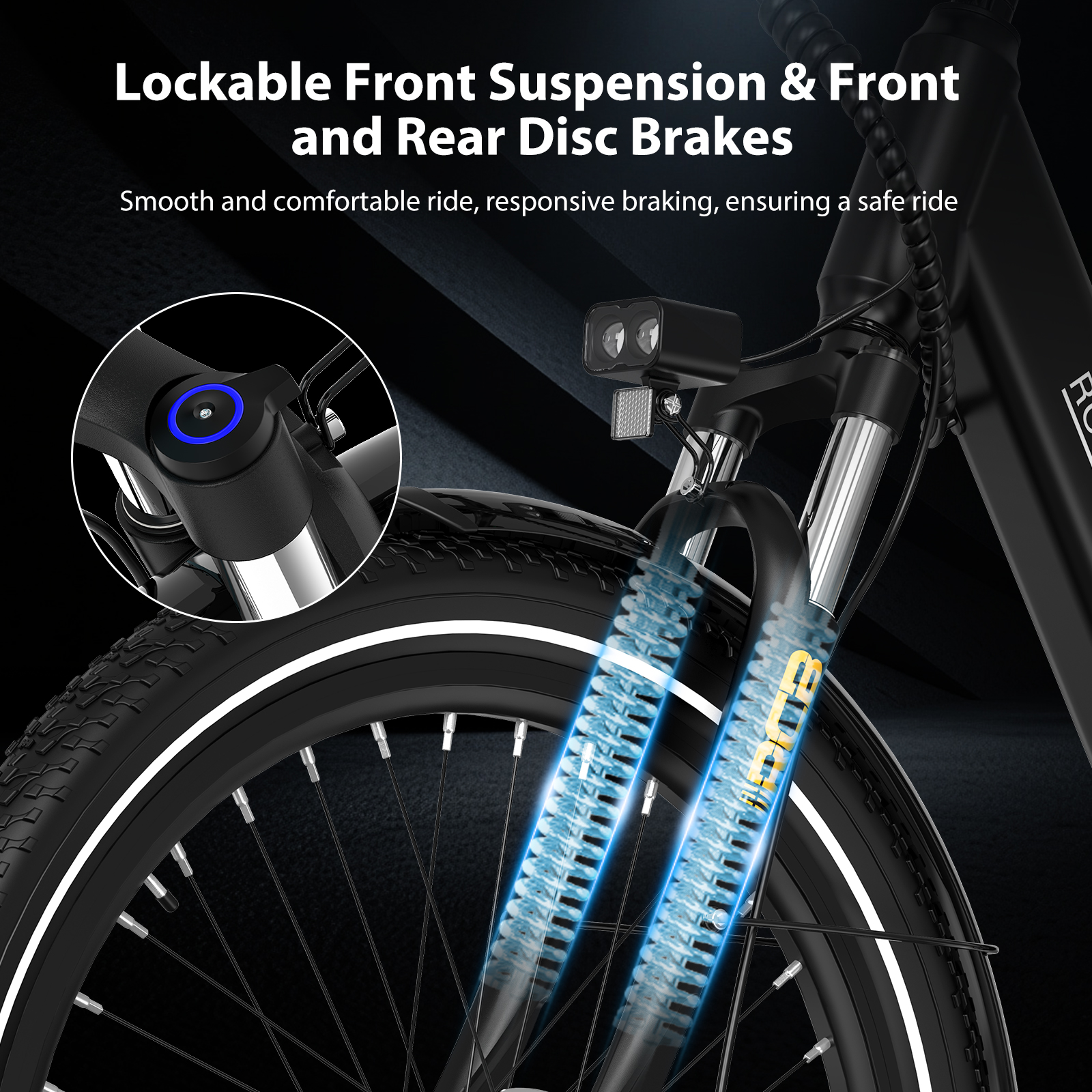 Primo piano di una forcella per bicicletta nera con sospensioni e pulsante luminoso blu.
