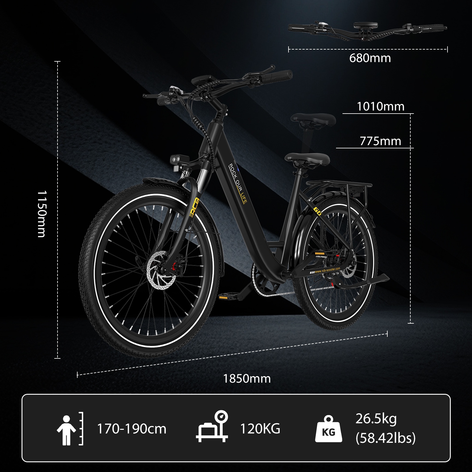 Bicicletta elettrica nera con dimensioni: altezza 1150mm, manubrio 680mm, sella 1010/775mm, lunghezza 1850mm.