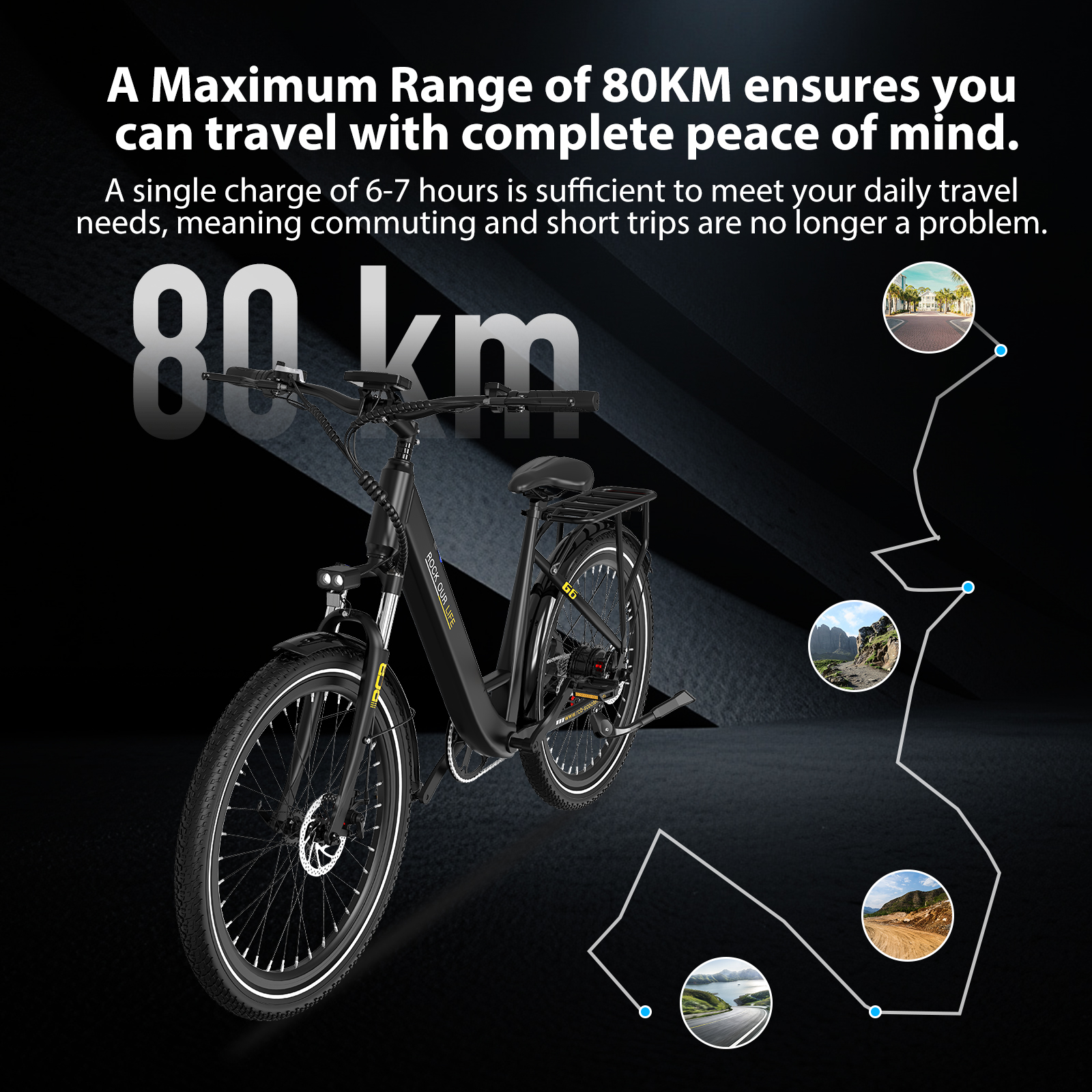 Una e-bike nera con testo '80 km', che ne dettaglia l'autonomia.