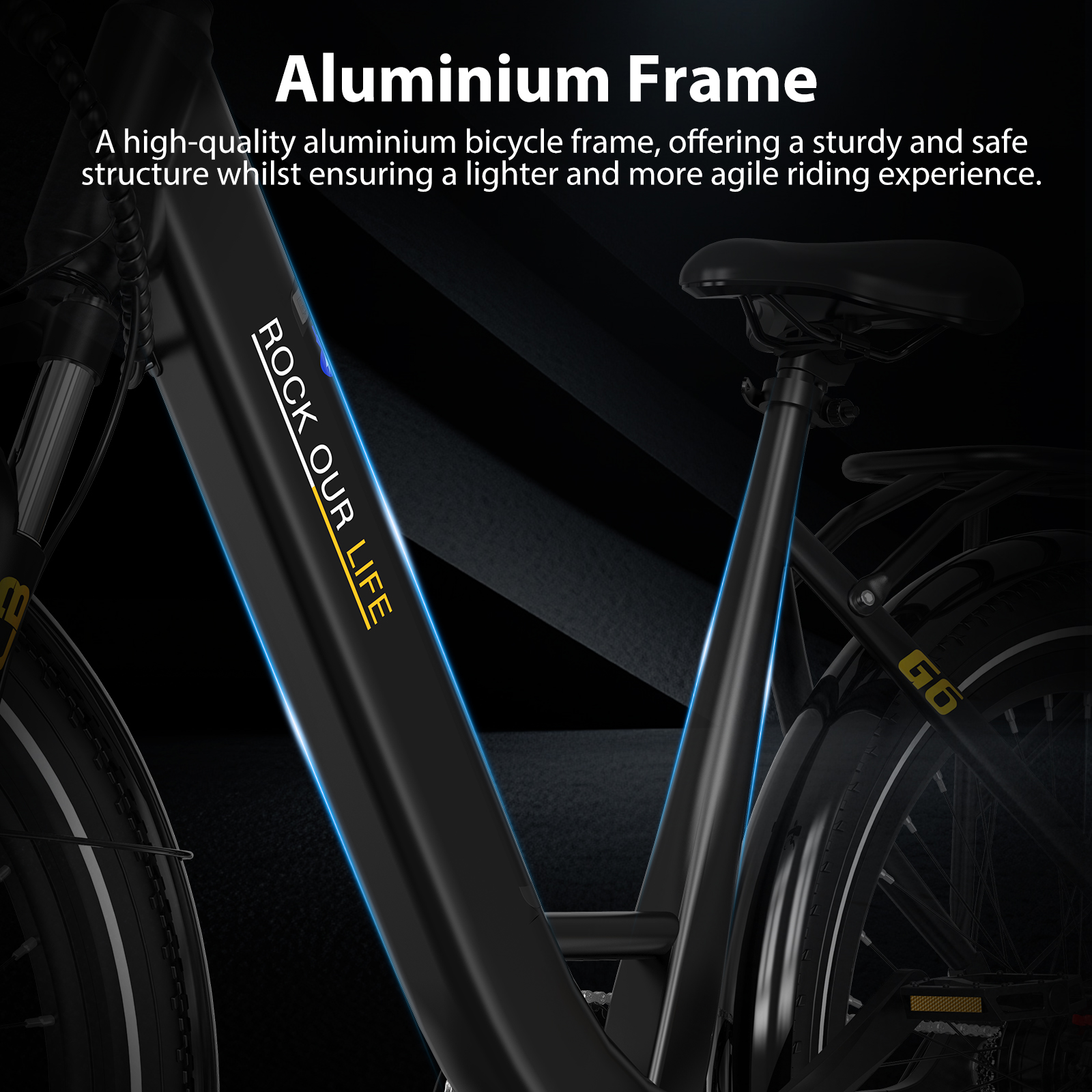 Telaio di bicicletta in alluminio nero con loghi gialli 'ROCK OUR LIFE' e 'G6'.