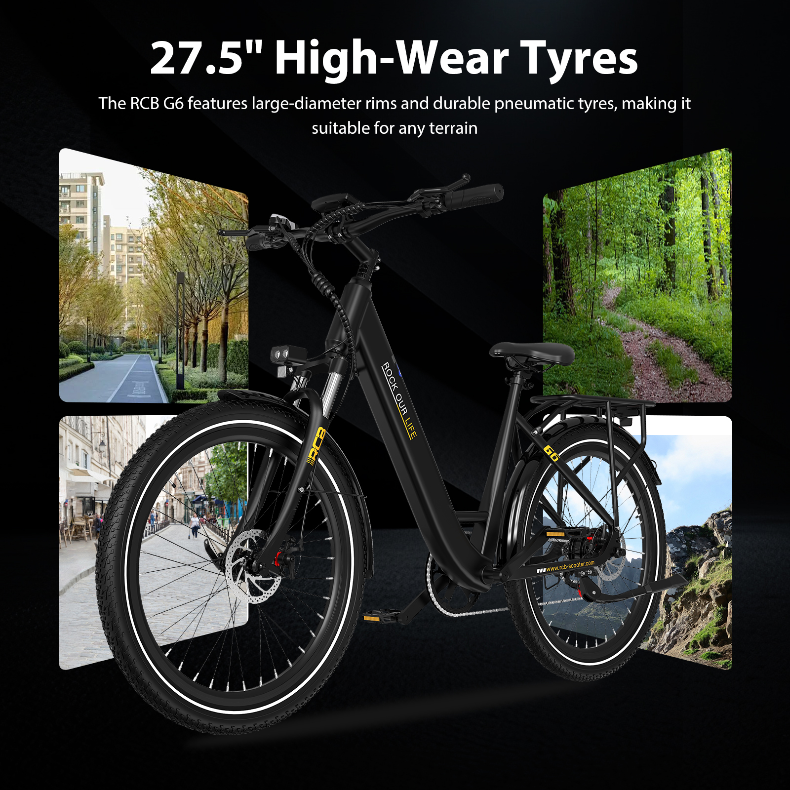 Una bici elettrica nera con pneumatici da 27,5 pollici, mostrata in scene urbane, boschive e montane.