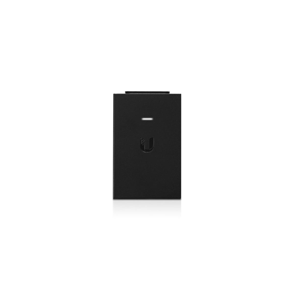 Un piccolo dispositivo Ubiquiti UniFi nero con logo U e piccola luce bianca.