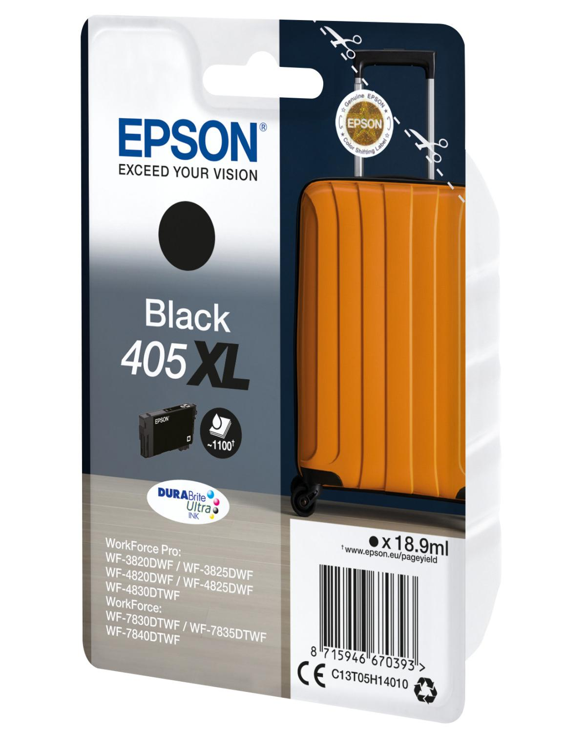 Emballage d'encre noire Epson 405XL avec design de valise orange.