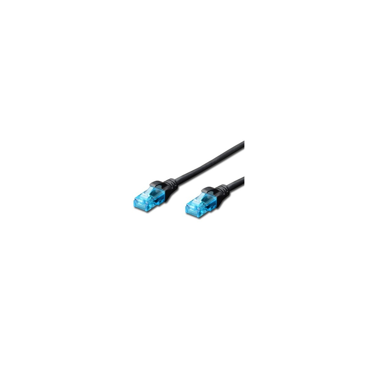 Un cable de red negro con dos conectores RJ45 azules.