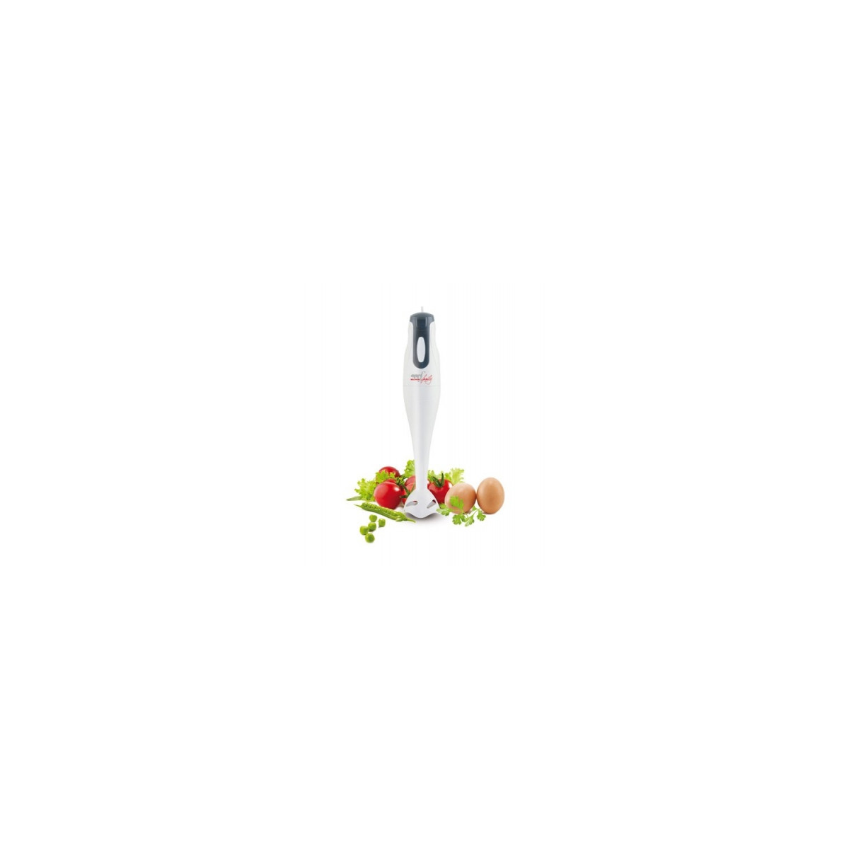 Ein weißer Stabmixer mit grauen Akzenten steht vor Tomaten, Salat und Erbsen.